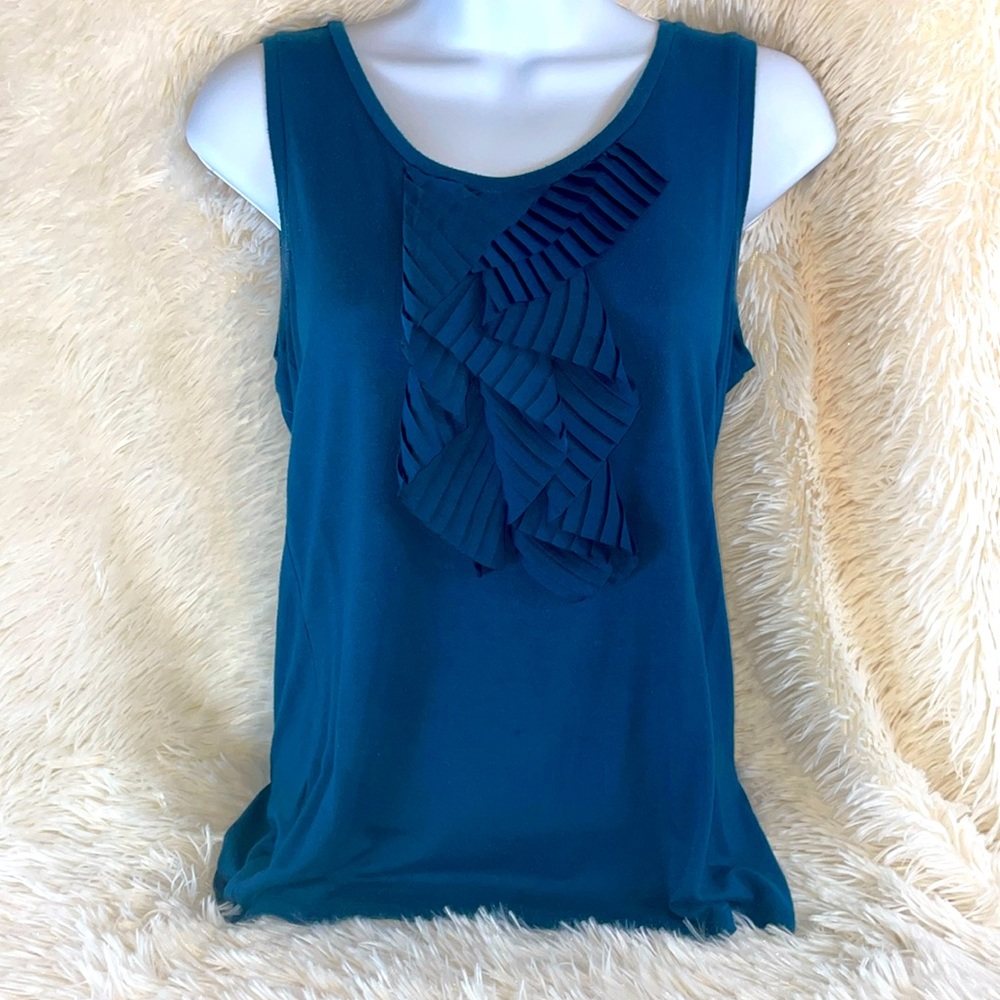 Ann Taylor Sleeveless Blouse, Teal with Ruffle Embellishment, Size S